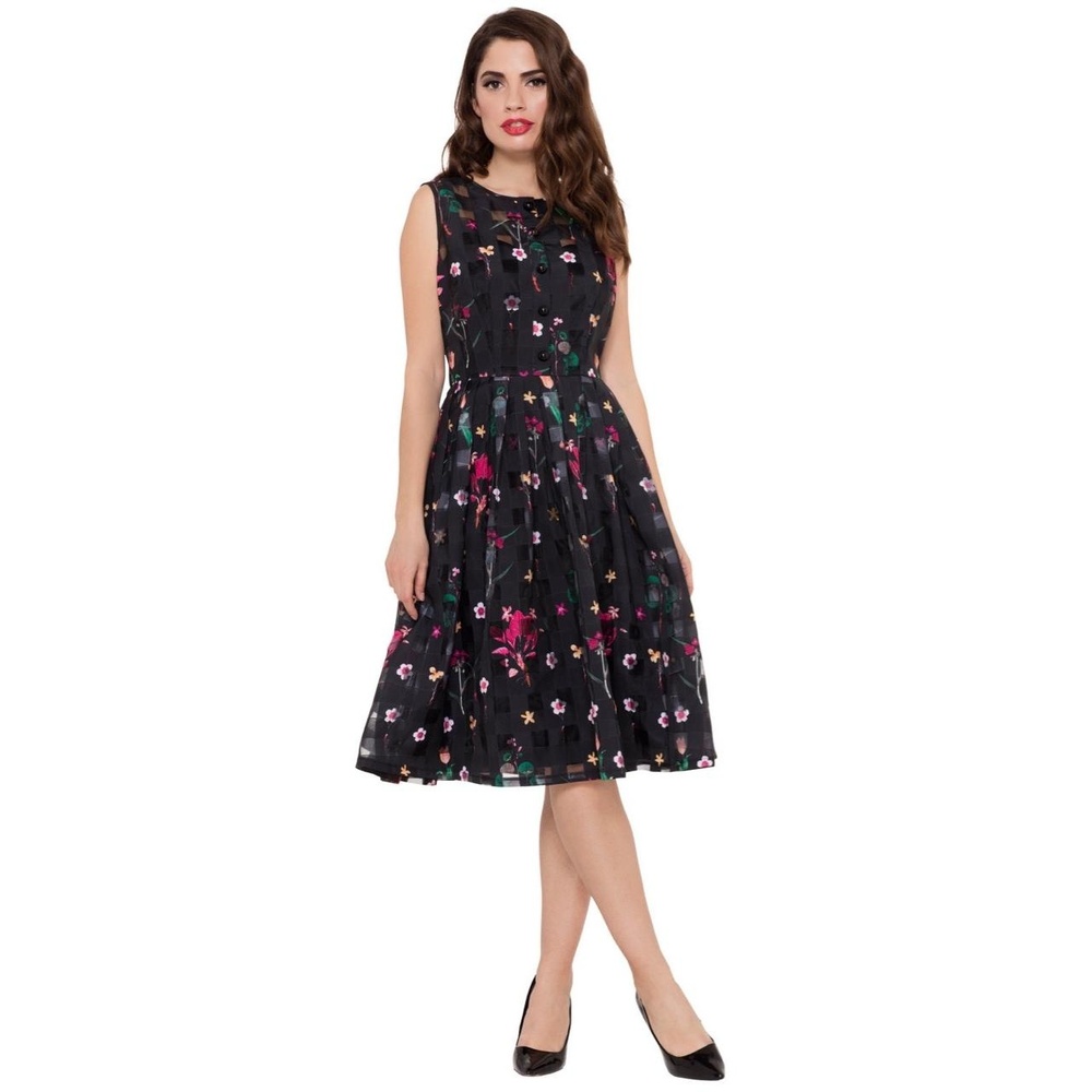 Black Floral Print Pleated Skirt Button Front Sleeveless Dress Large - Picture 2 of 16